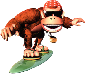 Funky Kong on a surfboard